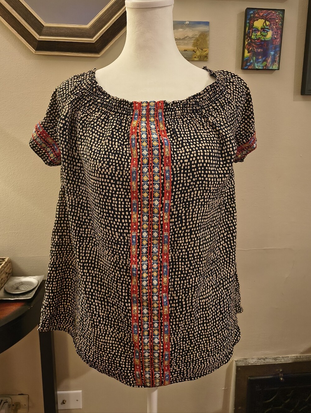 THML Medium Black Dot Embroidered Top Off The Shoulder Comfy